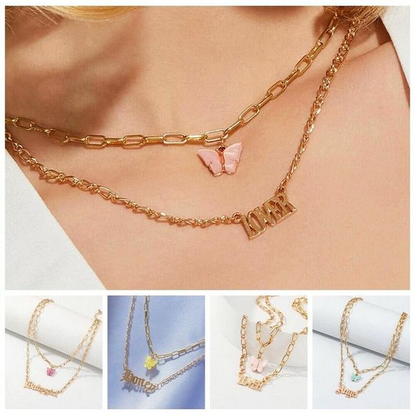 

butterfly letters engraved necklace for women long wild clavicle chain adjustable layering choker pendant gifts, Silver