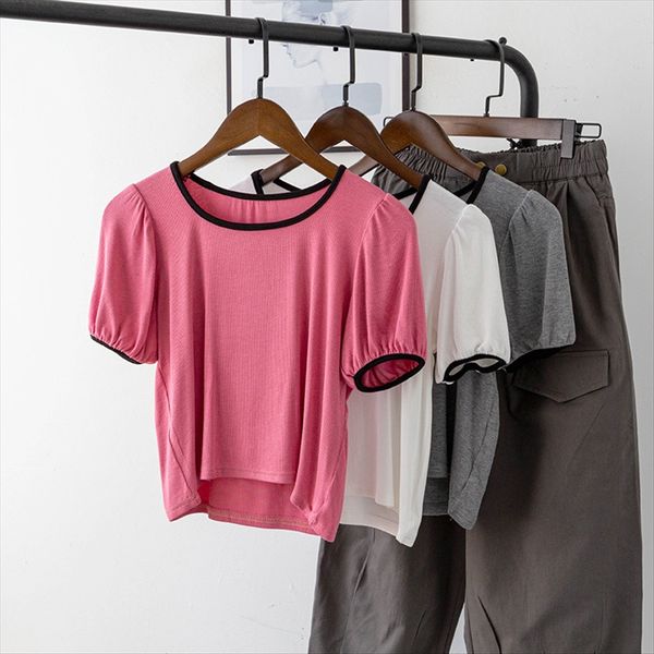 

bizheng] 2020 slim contrast t-shirt lantern color edge lantern sleeve t-shirt female round collar casual 3297, White