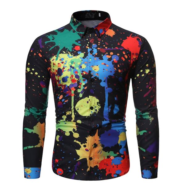 

feitong multi color printed shirt men autumn winter long sleeve shirt turn-down collar holloween blouses male shirts, White;black