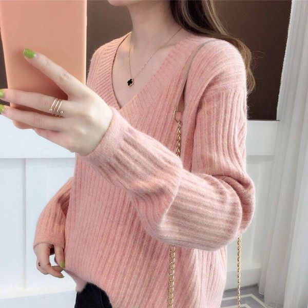 

2019 new women's sweater autumn winter sweater women's loose head solid color long sleeve 2019 new embroidered knit female, White;black
