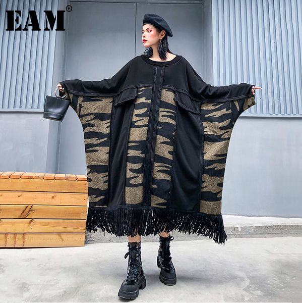 

eam] women camouflage split big size long dress new round neck long sleeve loose fit fashion tide spring autumn 2019 1k352, Black;gray