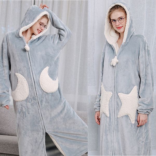 

long flannel fleece hooded dressing gown women men warm star moon zipper sleepwear robe moon lazy loose nightdress pajamas robe, Black;red