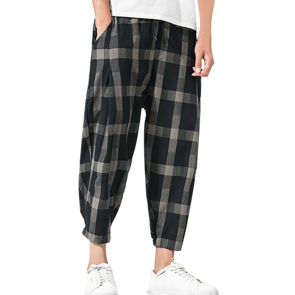 

cotton linen pant men casual vintage style loose plaid printing ankle-length pant summer male solid big pocket baggy trousers#g2, Black