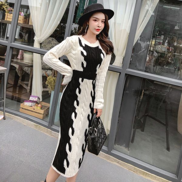 

2019 autumn winter white black assorted colors knitted sweater dress long sleeve slim sweater dress elegant lady