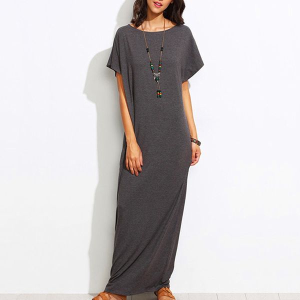

casual dresses spring summer women dress short sleeve floor length long o-neck fashion solid slim cotton, Black;gray