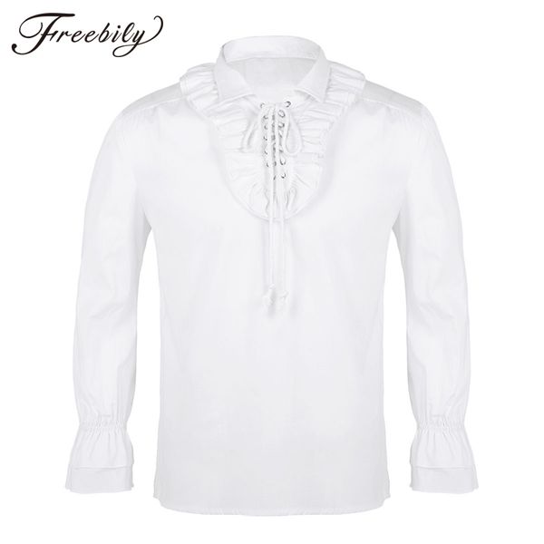 

men turn-down collar long sleeve lace-up front ruffled tuxedo shirts gothic steampunk victorian pirate cosplay shirt, White;black