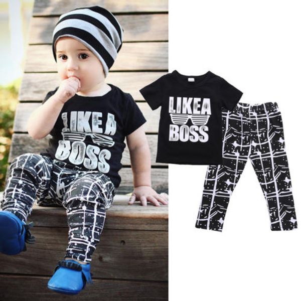 

stock toddler baby boy summer outfit clothe shirt pants 2pcs set kids clothes, White