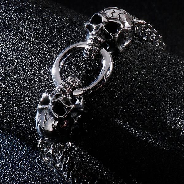 

gothic double skull bracelet for men 316l stainless steel heavy shiny skeleton charm link chain mens bracelets male jewelry new, Golden;silver