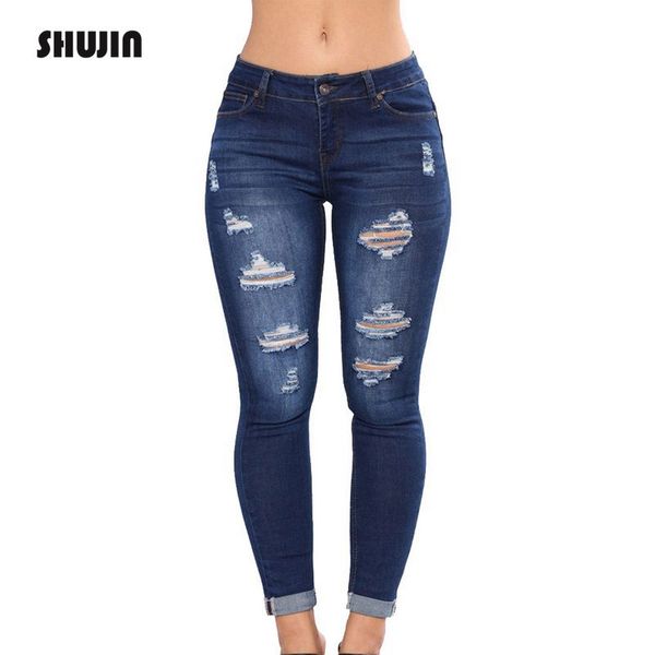 

shujin 2018 new women high waist casual denim jeans plus size stretch jeans female riped zipper skinny pencil pants, Blue
