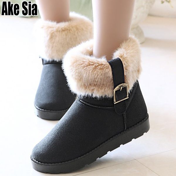 

winter women thick cotton snow warmth med calf boots buckles straps bottine female flat shoes combat zapatos mujer booties c266, Black