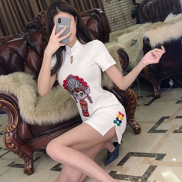 

2019 summer chinese vintage style women's embroidery cheongsam flower mandarin collar qipao short cheongsam modern, Red