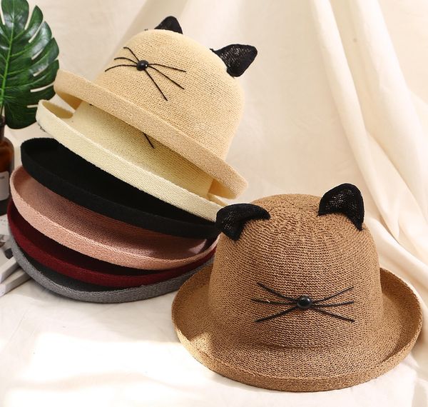 

korean version children's straw hat with cat ears curly along.breathable parent-child style curly fisherman hat for cute kids traveling, Blue;gray