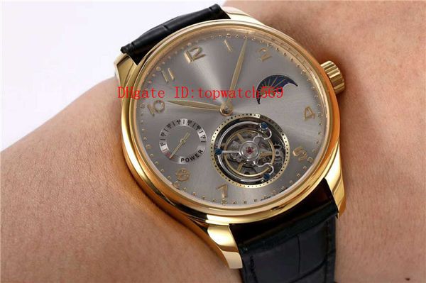 

portuguese mens watch real tourbillon watch hand-winding mechanical moonphase power reserve display sapphire crystal 18k gold 316l steel, Slivery;brown