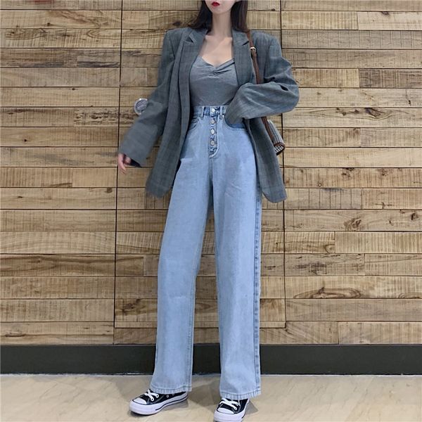 

high-waisted, slim-breasted, loose-leg denim trousers, Blue