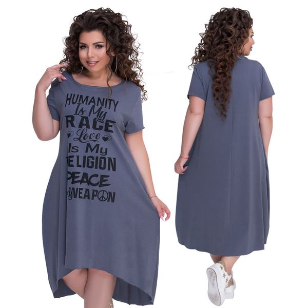 

plus size letters printed short sleeve mid-calf dress vestidos l-6xl big size casual irregular loose dress women autumn dresses, Black;gray