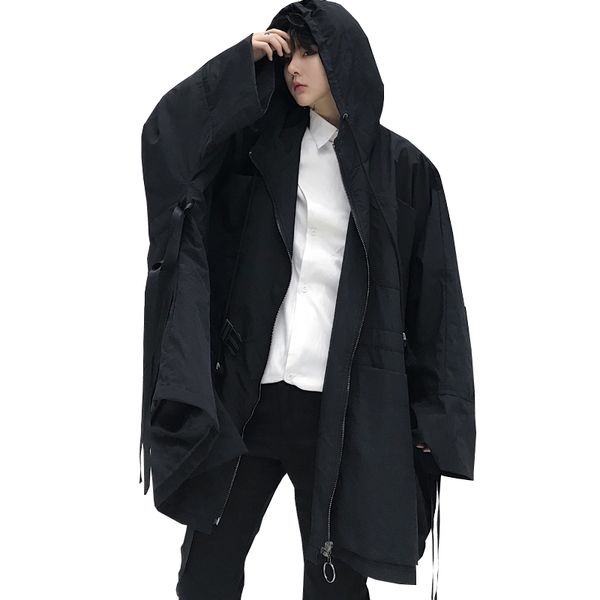 

men darkness wizard cloak hoodies loose sweatshirt owen gothic man oveisize clothes pockets high street catwalk batwing coat, Tan;black