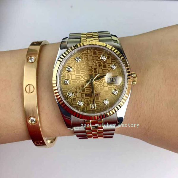 

asian 2813 36mm gold steel ring gear champagne commemorative diamond label male watch 116233 folding buckle automatic christmas, Slivery;brown