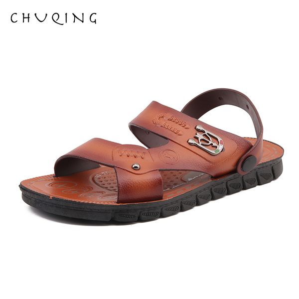 

chuqing men's summer sandals genuine leather comfortable slip-on casual sandals fashion men, Black