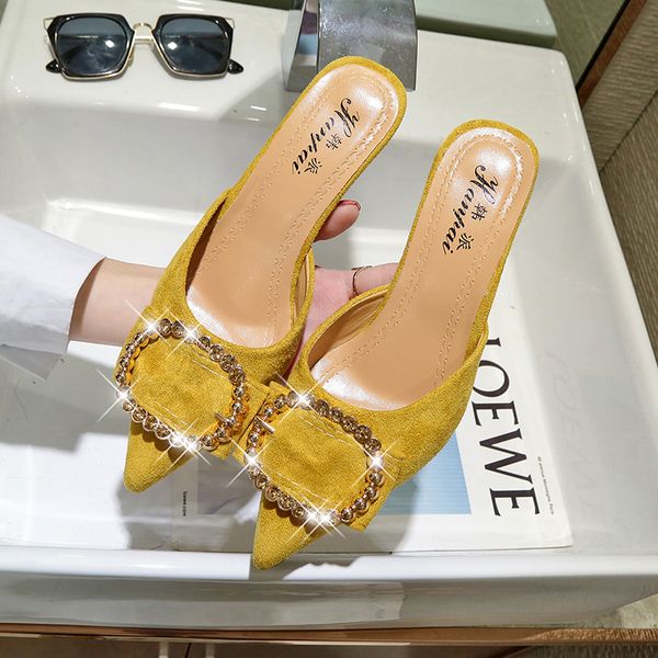 

женщины лето высоких каблуков мулы тапочки женских остроконечные toe странного стиль кристалл внешняя обувь flock женщина мода обувь a068 y2, Black