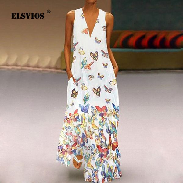 

elsvios 2019 women fashion butterfly print vintage boho dress summer v-neck sleeveless beach maxi dress casual pocket long, Black;gray