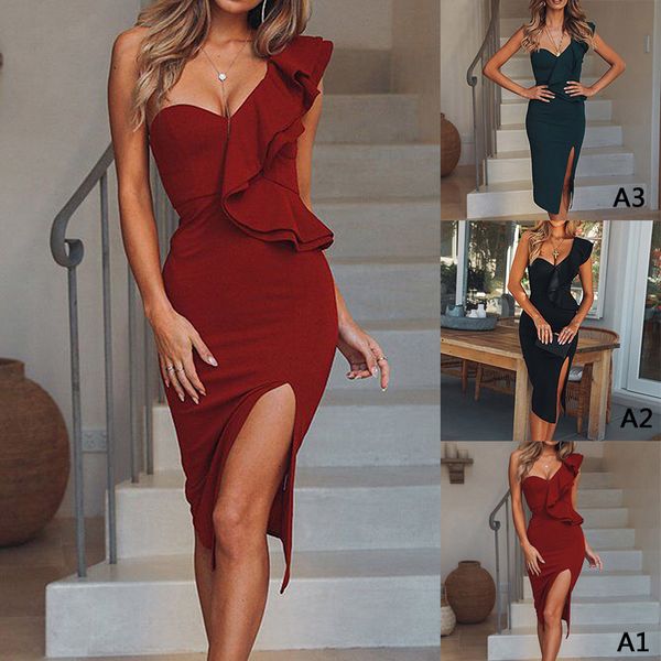 

женская одежда с длинным рукавом платье платье партии женщин одно плечо ruffles рукавов без бретелек клуб платье sexy тонкий хем split long, Black;gray