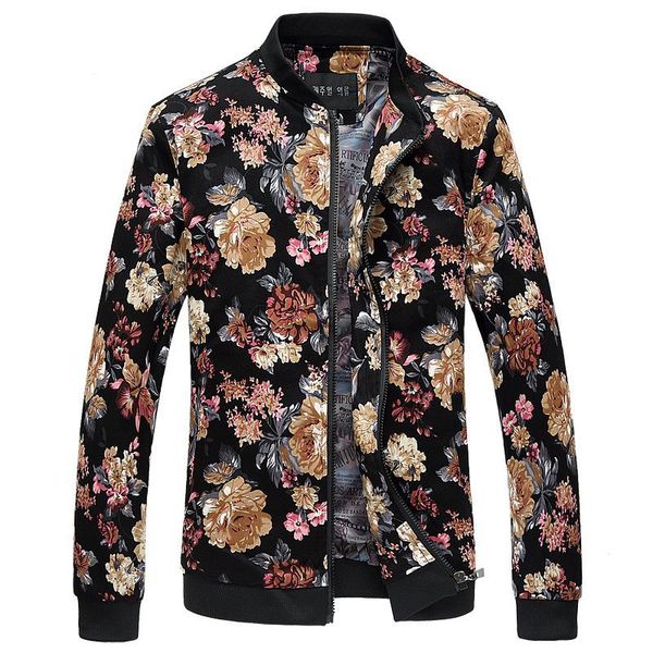 

2019fashion men jacket flowers print slim fit bomber jacket men zipper windbreaker male casual flroal jackets for, Black;brown