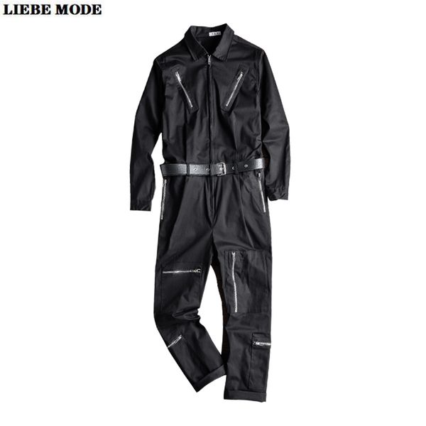 

mens long sleeve jumpsuits rompers hip hop loose overalls men streetwear zipper joggers cargo pants suits one piece onesie set, Black