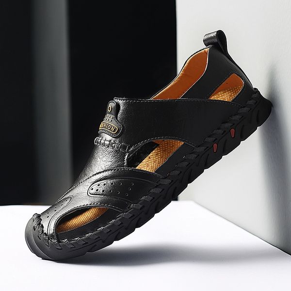 

men sandals summer casual genuine leather flat shoes soft comfortable round toe slip on outdoor leisure sandals big size 48, Black