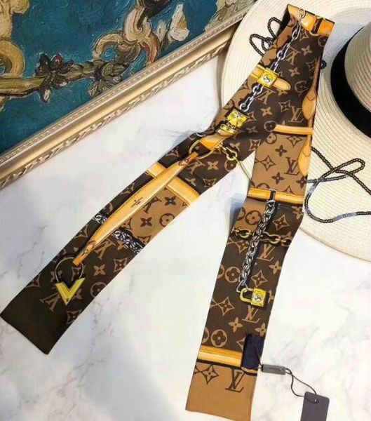 

2020 real silk tie fashion classic scarf women 100% designer silk hair scarf small ribbon printed silk scarves 120*8cm, Blue;gray