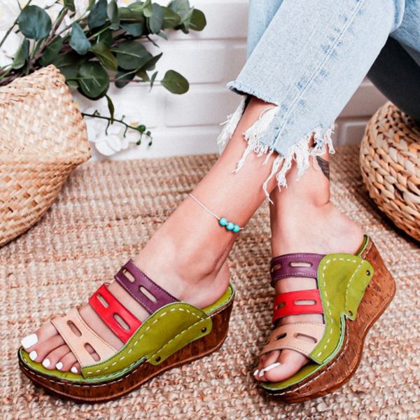 

women slippers summer slip on sandals shoes casual mixed color soft wedge leather slippers female retro flip flops shoes 2020, Black
