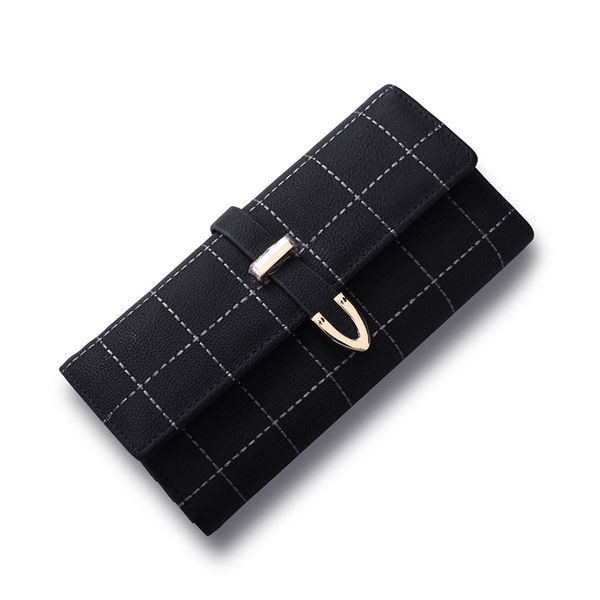 

2020 new female long paragraph retro frosted 3 fold belt buckle sewing thread plaid money clips women big wallet, Black