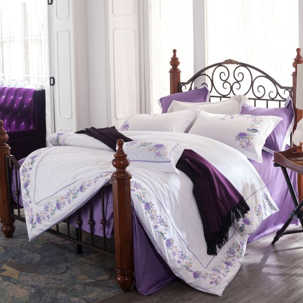 Egyptian Cotton White Luxury Bedding Set Queen King Size Purple Embroidery Duvet Cover Set Bed Sheet Set Bed Cover Pillowcase Cotton Comforter Sets