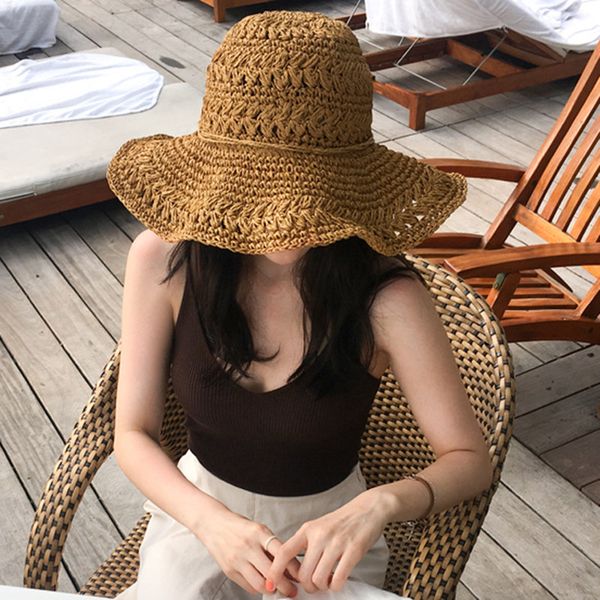 

crochet straw female summer resort college style big-brimmed beach hat versatile travel folding sun cap women head wear, Blue;gray