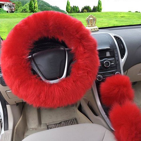 

long plush warm steering wheel cover woolen handbrake car accessory auto 3pc