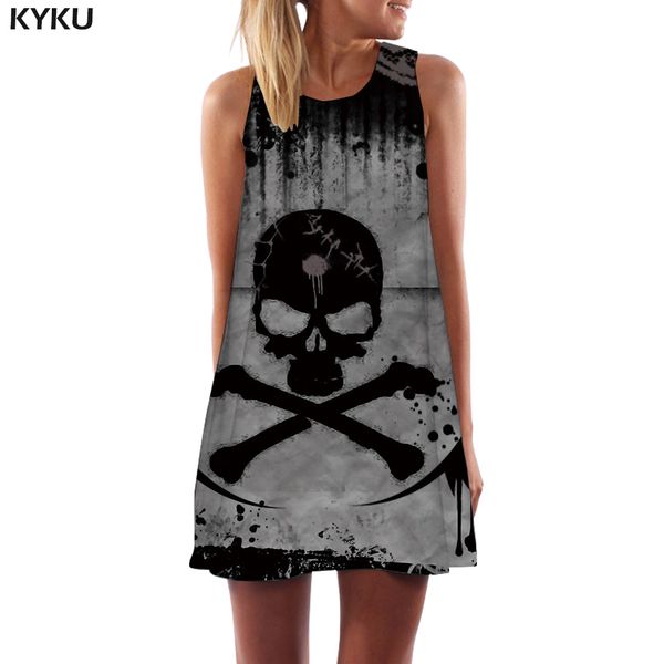 

kyku skull dress women skeleton boho gray 3d print ink office gothic beach womens clothing vintage ladies, Black;gray