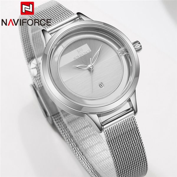 

naviforce women watch silver classic ladies wristwatch mesh stainless steel bracelet date female clock 5014, Slivery;brown