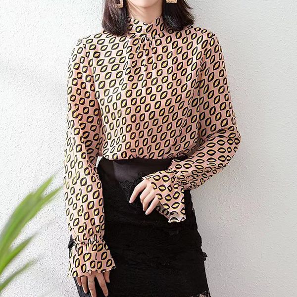 

женская дизайнерская рубашка элегантный темперамент шелковый крепдешин женский сезон свободный тонкий рог рукав пуловер печатный shirtbtwg, White