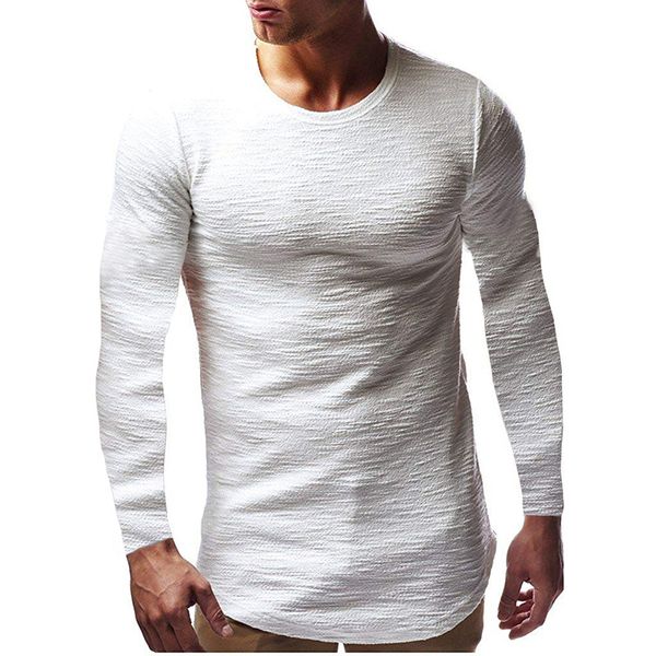 

e-baihui 2021 men's autumn long-sleeved t-shirt men's pure cotton jacquard youth clothes men's clothing slim arc hem t-shirt, White;black