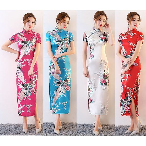

satin women split dress cheongsams tight bodycon long dress floral kimonos chinese traditional style costumes tang suit, White;black