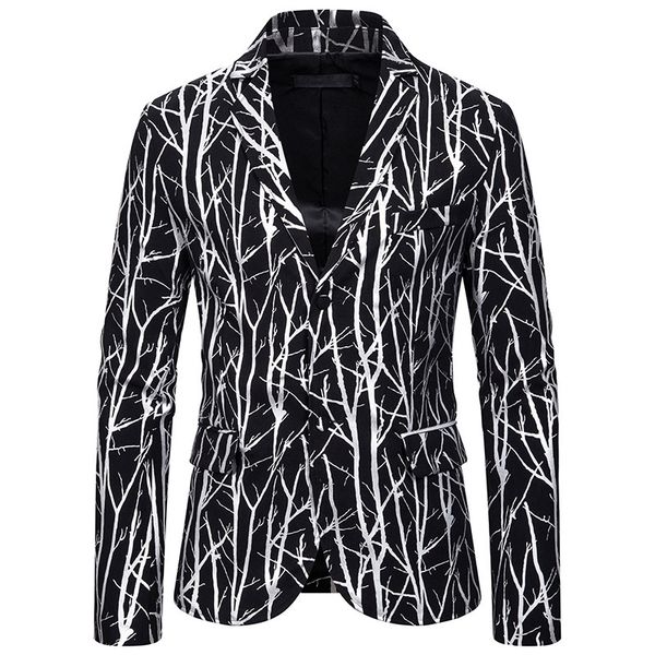 

men slim fit blazer shiny silver tree branch print suit jacket dj club stage singer clothes party wedding 2020 new arrival, White;black