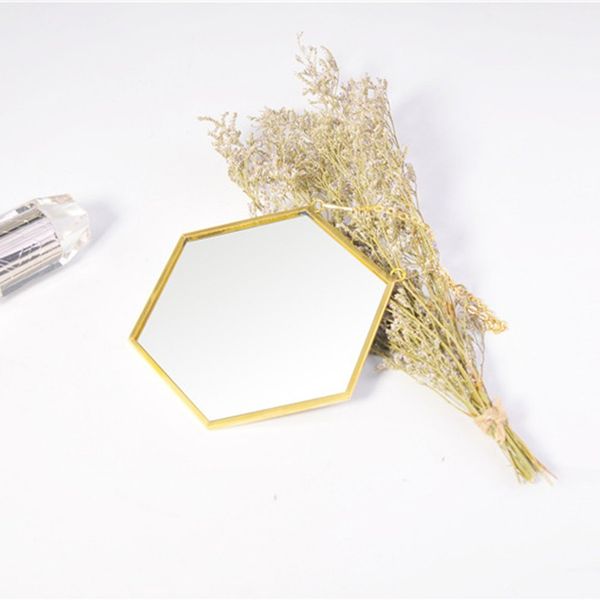 

nordic minimalist home decoration geometric shape gold brass hexagonal mirror bathroom entrance makeup