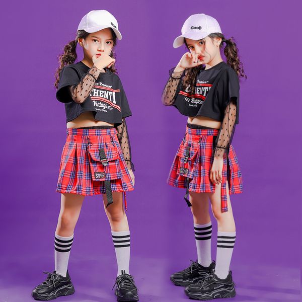 

kids fashion hip hop clothing mesh black t shirt long sleeve crop plaid skirt for girls jazz dance costume clothes wear, White