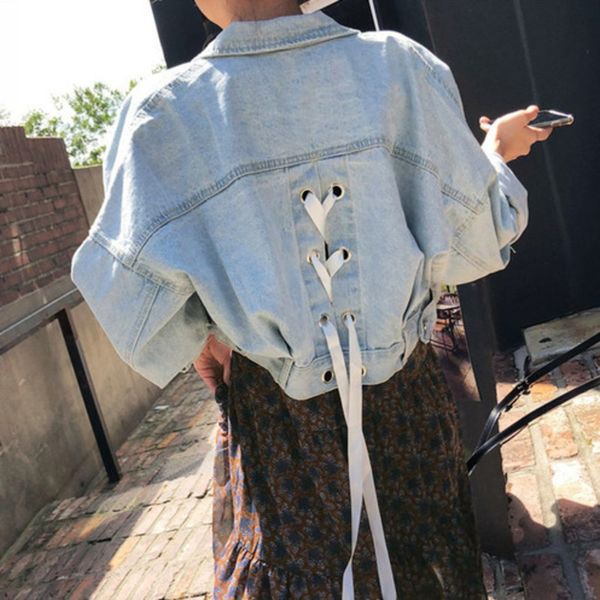 

ewq] 2020 spring new cross back streamer design long sleeve plus size trend coat feminino korea loose women denim jacket qz686, Tan;black