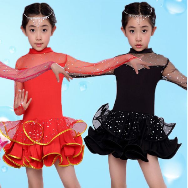 

lace long sleeves girls latin dance dress ballroom competition for child kids samba rumba salsa cha cha tango costumes dancing, Black;red