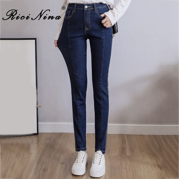 

ricinina womens jeans women plus size autumn winter zipper pockets buttons casual women trouser jeans denim femme pencil pants, Blue