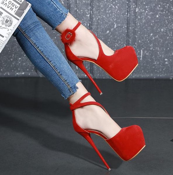 

17cm with box beautiful bridal wedding shoes red suede fur decorated strappy heels women shoes high heels size 34 to 40, Black