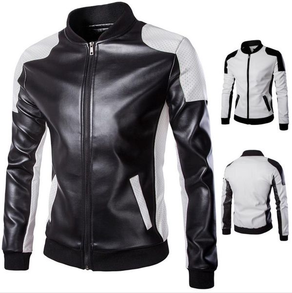 

black white pu leather jacket plus size patchwork hole design zipper pockets stand collar rib long sleeve man motorcycle jakcets ship