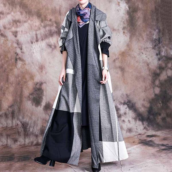 

yalee] new fashion 2019 autumn winter simple contrast color long sleeve pockets x-long loose coat windbreaker women n286, Tan;black