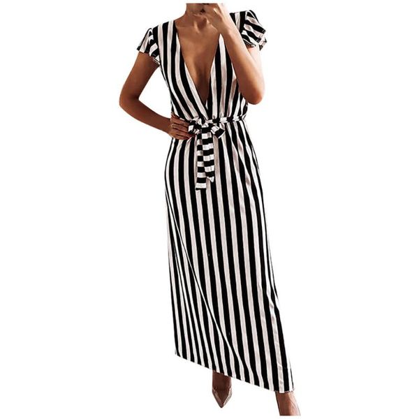 

sagace fashion dress women deep v-neck bandage short sleeve stripe print long beach dress casual dresses for women party
