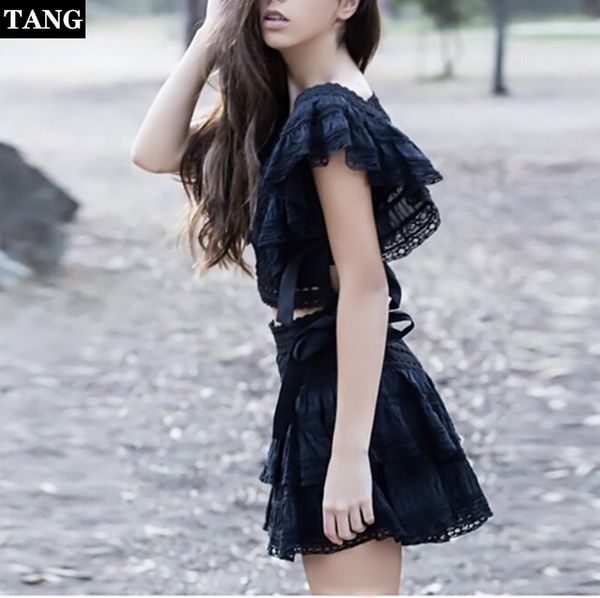 

tang runway two piece set women elegant transparent mesh floral lace 2 piece set top, White